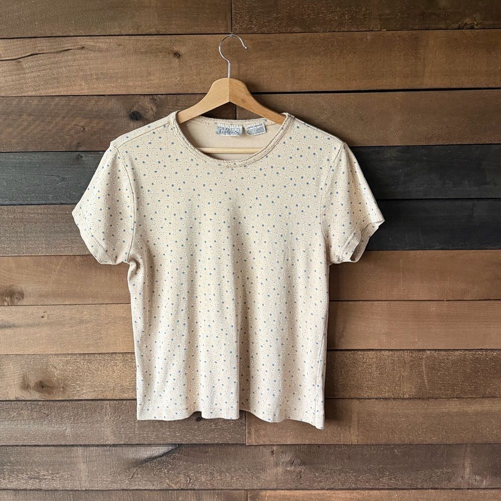 Vintage 90s Cream Blue Floral Baby Tee Soft Fitted Cotton Top - Picture 2 of 10